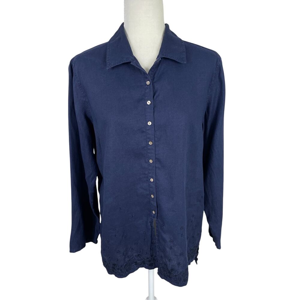 J.Jill Linen Button Front Top Embroidered Navy Small Lagenlook Boho Minimalist